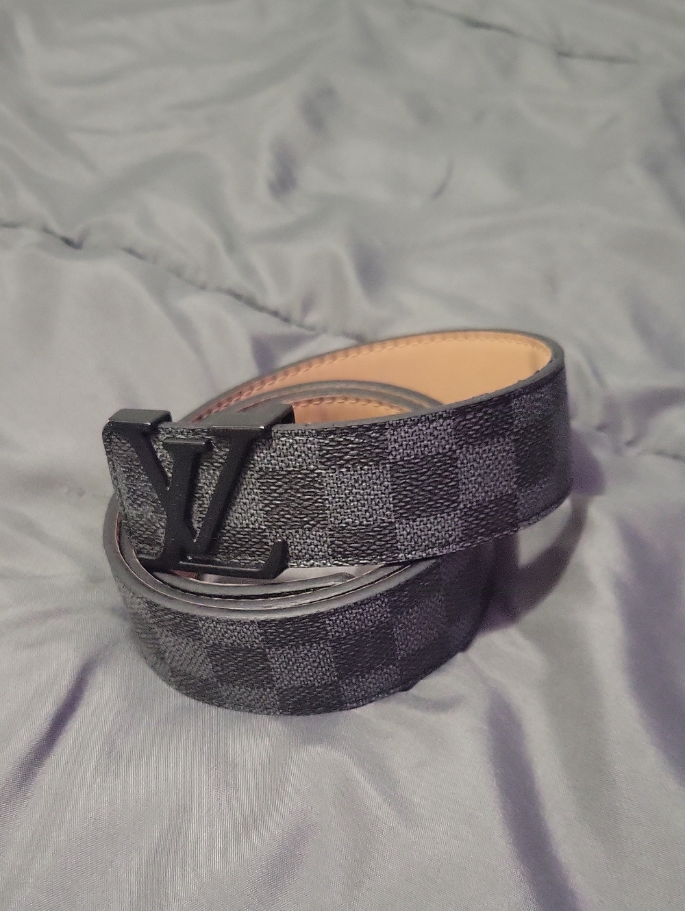 Louis Vuitton Black & Dark Gray Checkered Men’s Belt with Matte LV Buckle